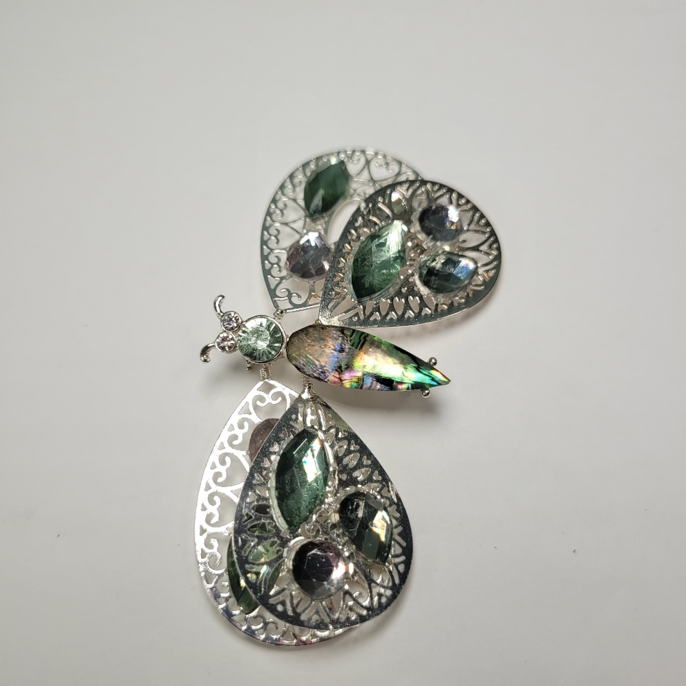 Napier Silver tone Butterfly Dragonfly Articulated Wings Insect Stones Pin 3"